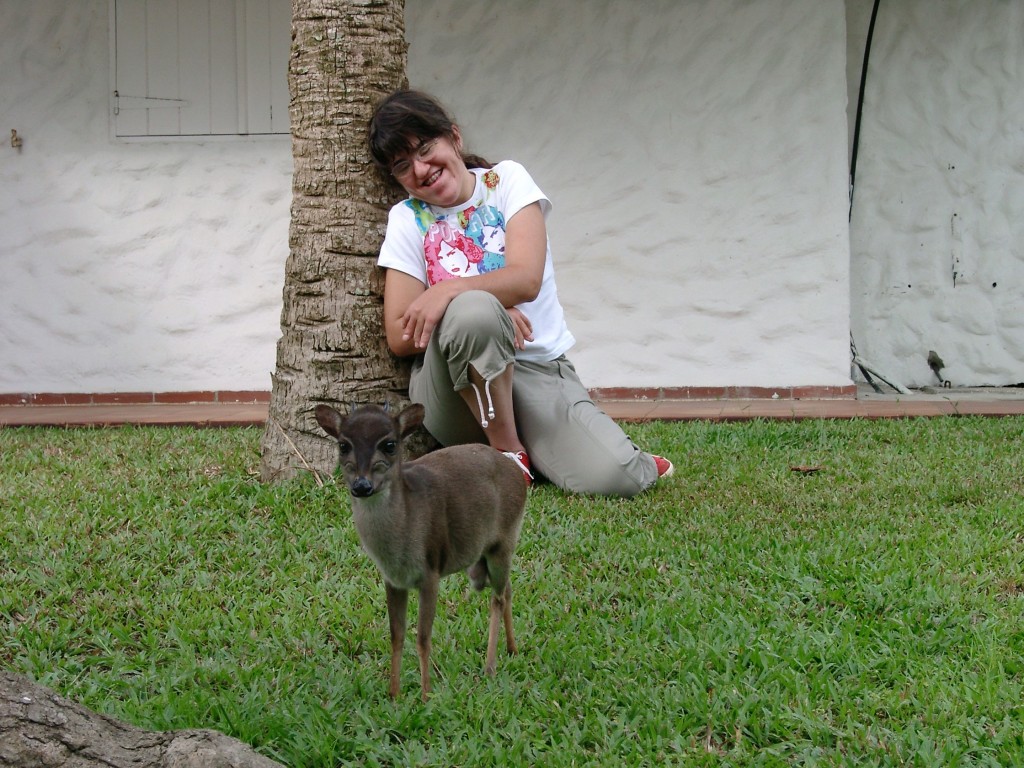 Natacha et sa petite antilope naine au Gabon 